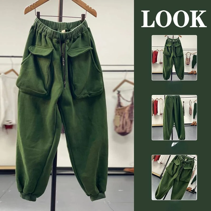 

Large Pocket Plush Thickened Guard Pants for Women's Extra Large Korean Loose and Slim Fit Harlan Pants