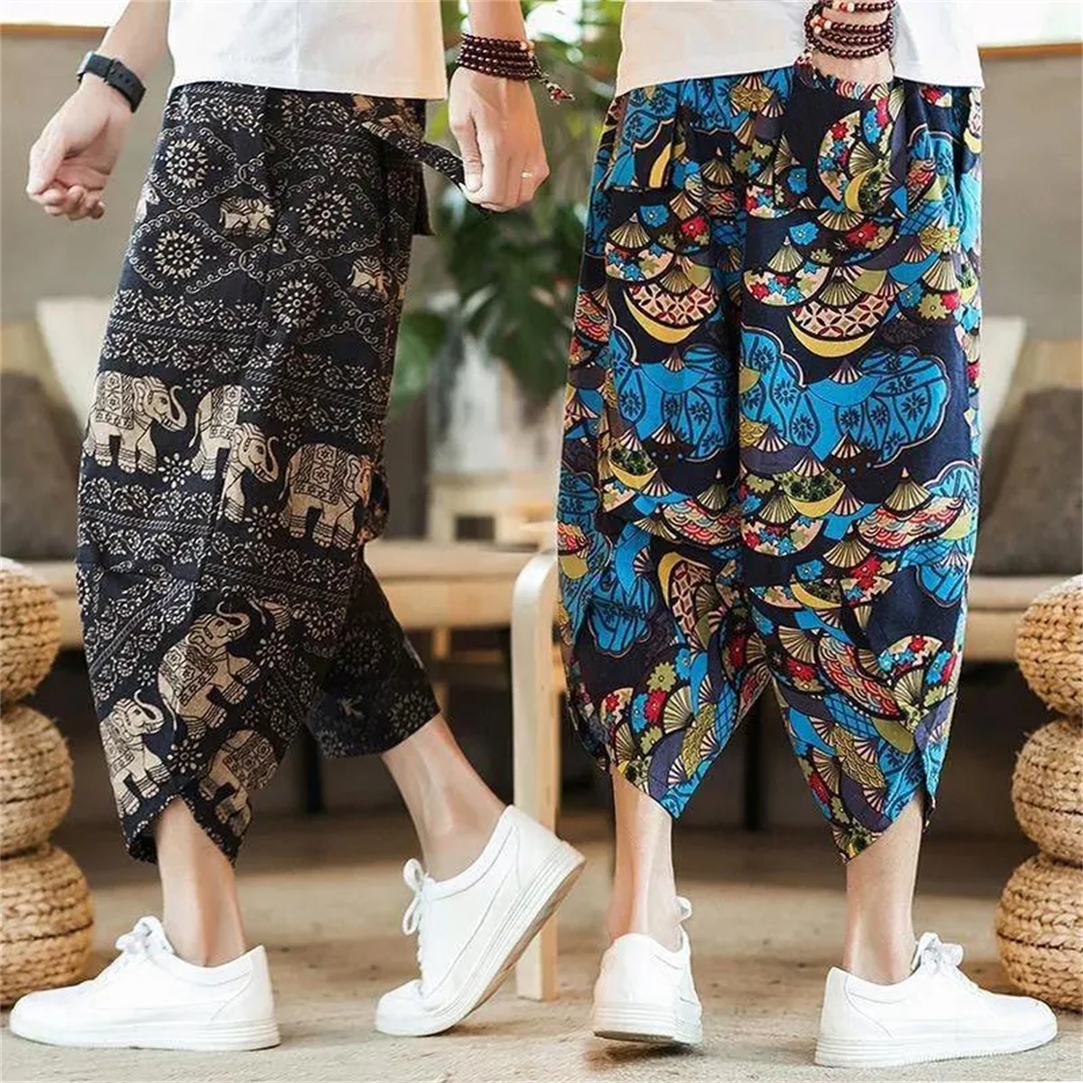 Harajuku Summer Loose Calf Length Casual Pants Men Wide Leg Cotton Linen Printing Baggy Pants Oversize Men's Trousers 2
