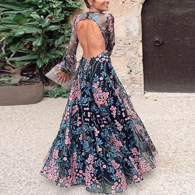

Summer Vintage Lady Sexy Backless Bohemian Floral Print Long Dress Beach Vocation Robes Party Evening Dresses for Women