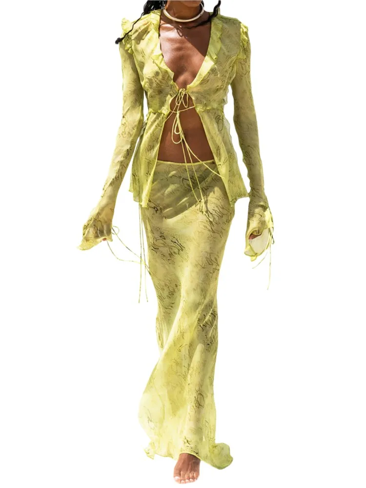 

Y2k Women Sheer Chiffon Ruffles Lace Up Blouse & Skirt Set Sexy Print Beach Tie Up V Neck Shirt & Skirts 2 Piece Suits Summer