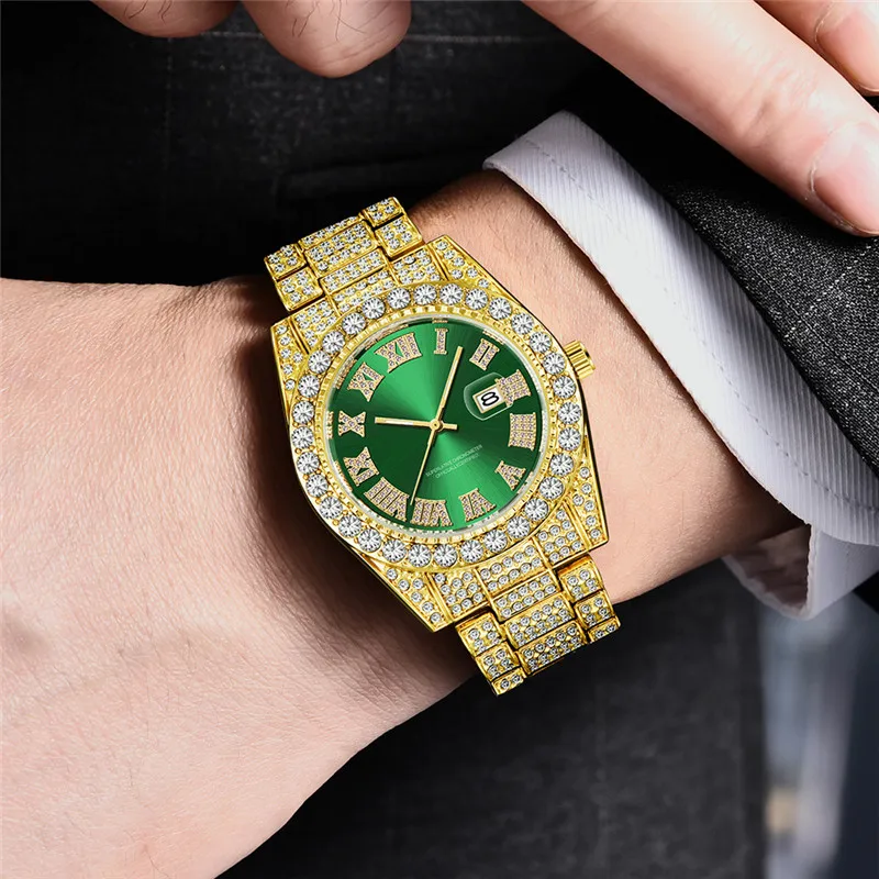 1pc / lot Original Brand Men Golden Watches Hip Hop Diamond Luxury Alloy Band Fashion Date Quartz Watch Relogios Masculinos 2025