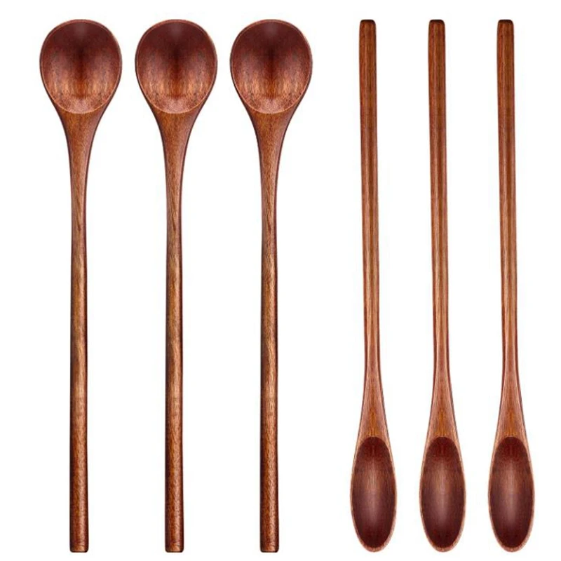 6 Pcs Wooden Coffee Spoon Long Handle Wooden Mixing Spoon Teaspoon Manual Mixing for Kitchen
