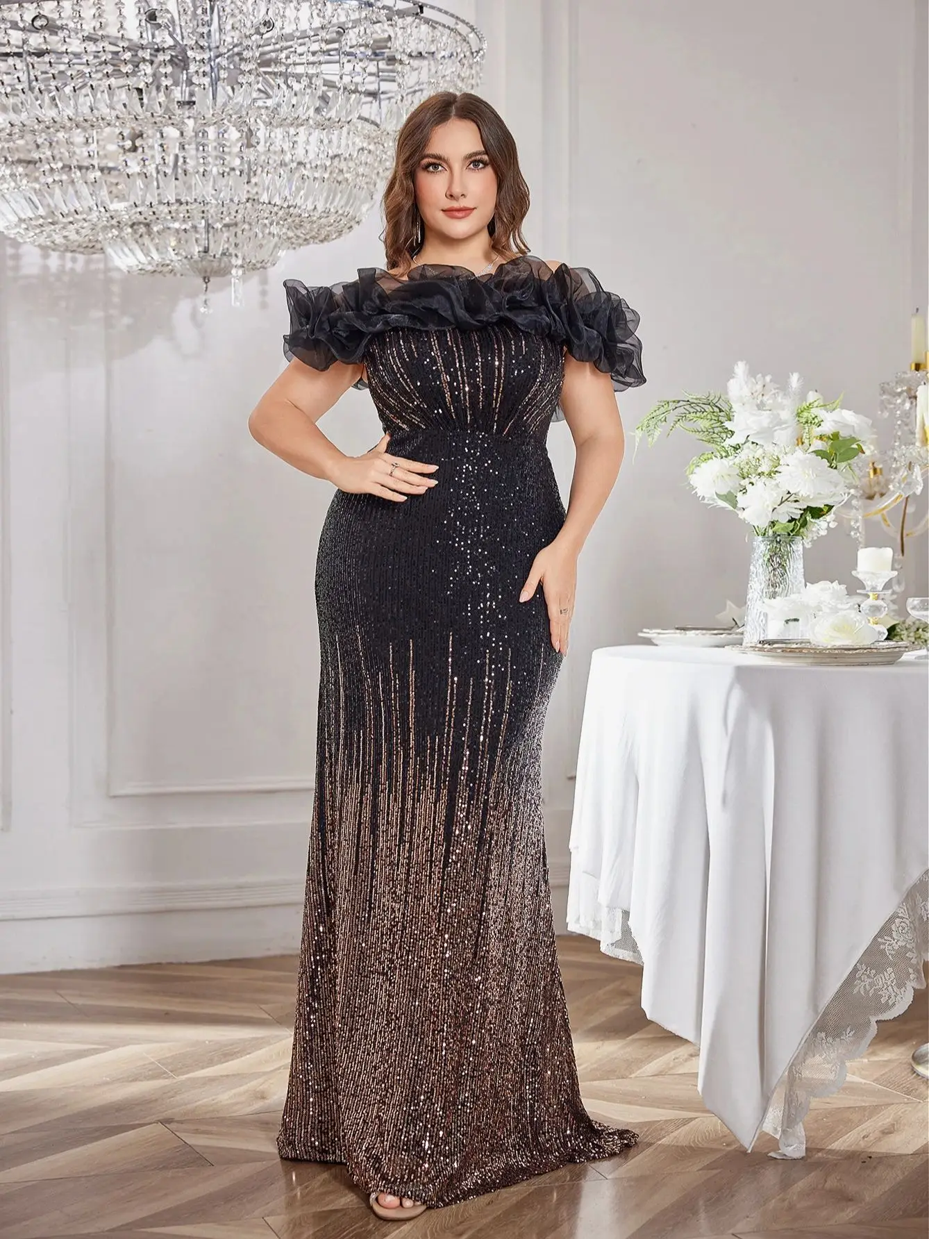 فستان سهرة كتف واحد ترتر متدرج