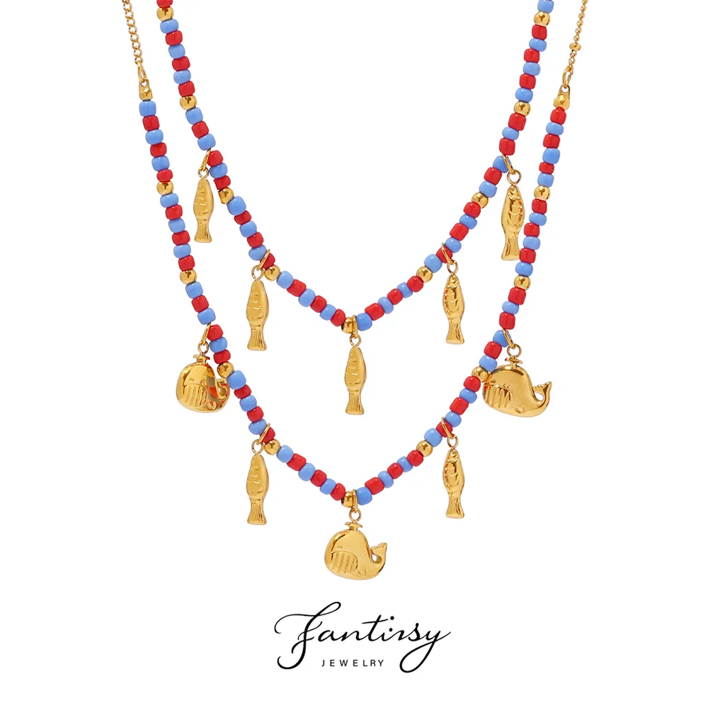 Halskette mit Fisch-Anhänger aus Edelstahl 316, für Damen, Bohemian-Stil, rot, blau, Glasperlen, Kette, Halsband, Naturstein-Armband-Set, Schmuck