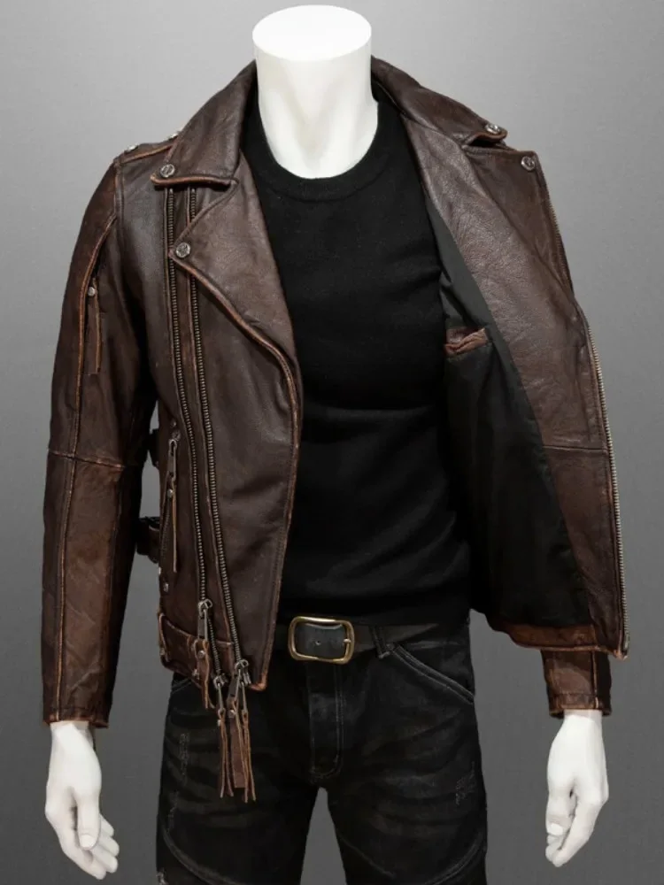 Mens Cowhide Genuine Leather Jacket Streetwear Punk Motorcycle