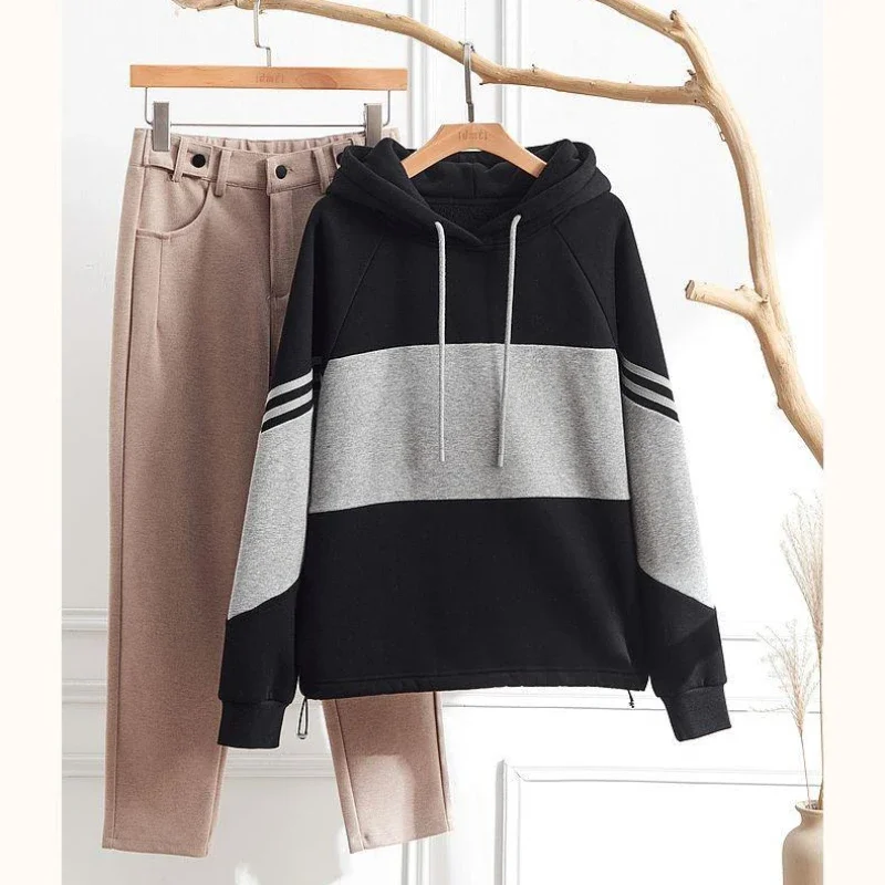 Autumn Winter Loose Casual Patchwork Hoodies Ladies Simple Fashion Pullover Top Women Hooded Sweatshirt Female Clothes