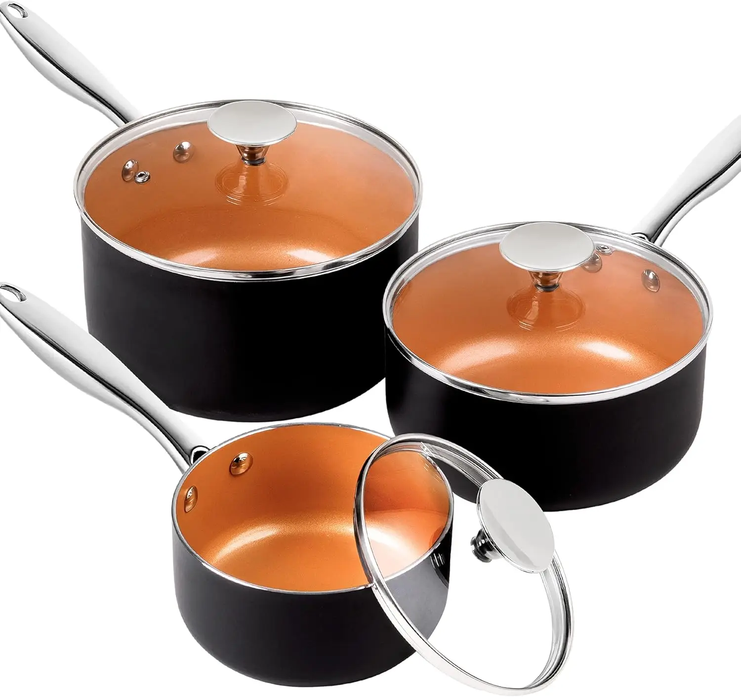 Набір соусів MICHELANGELO, 3 шт., керамічні каструлі Ultra Nonstick з кришками, 1 Q & 2 Qt & 3 Qt Small Pot Set, Black Sauce Pan
