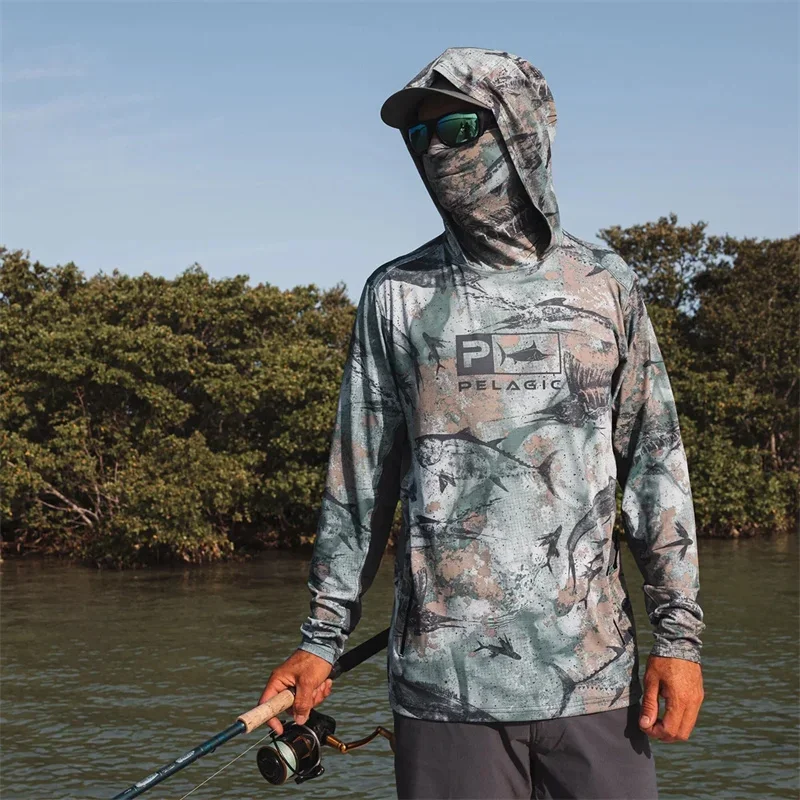 

Pelagic Hooded Fishing Shirt UPF 50+ Men Face Cover Fishing Clothes Outdoor Summer Mask Hoodie Sun Uv Protection Camisa De Pesca