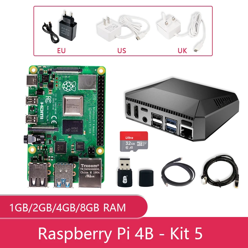 Kit Raspberry Pi 4 Modello B Originale 5 (Custodia In Metallo + Alimentatore + Cavo Compatibile Micro Hdmi + Scheda Sd Da 32Gb)