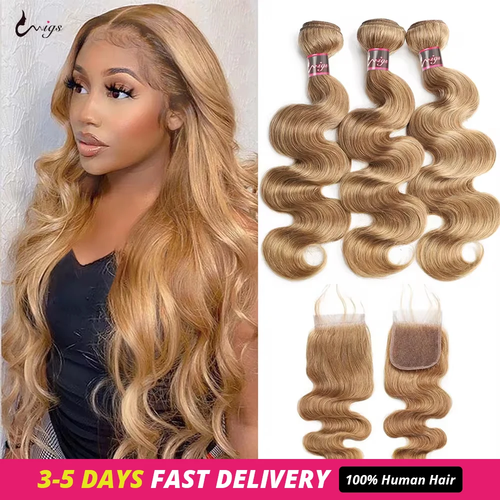 #27 Honey Blonde Human Hair Bundles with Closure Brazilian Hair Weave Bundles with Closure 10A Colored Body Wave