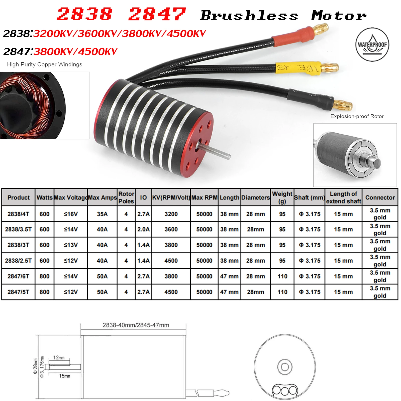 

2838 2847 Waterproof Brushless Motor 3200KV-4500KV for 1/12 1/14 1/16 RC Car Racing Off-Road Wltoys 144001 Traxxas Trx4 Redcat