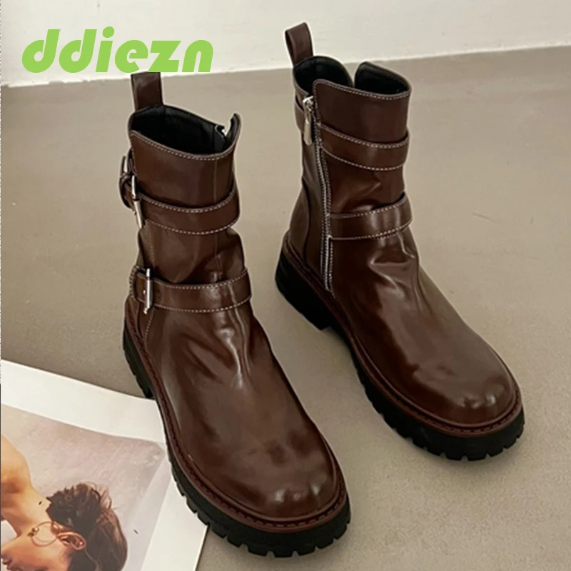 

Fashion Buckle Short Boots Ladies Round Toe Female Footwear Heels New In Side Zipper Western Shoes For Women Ankle Boots