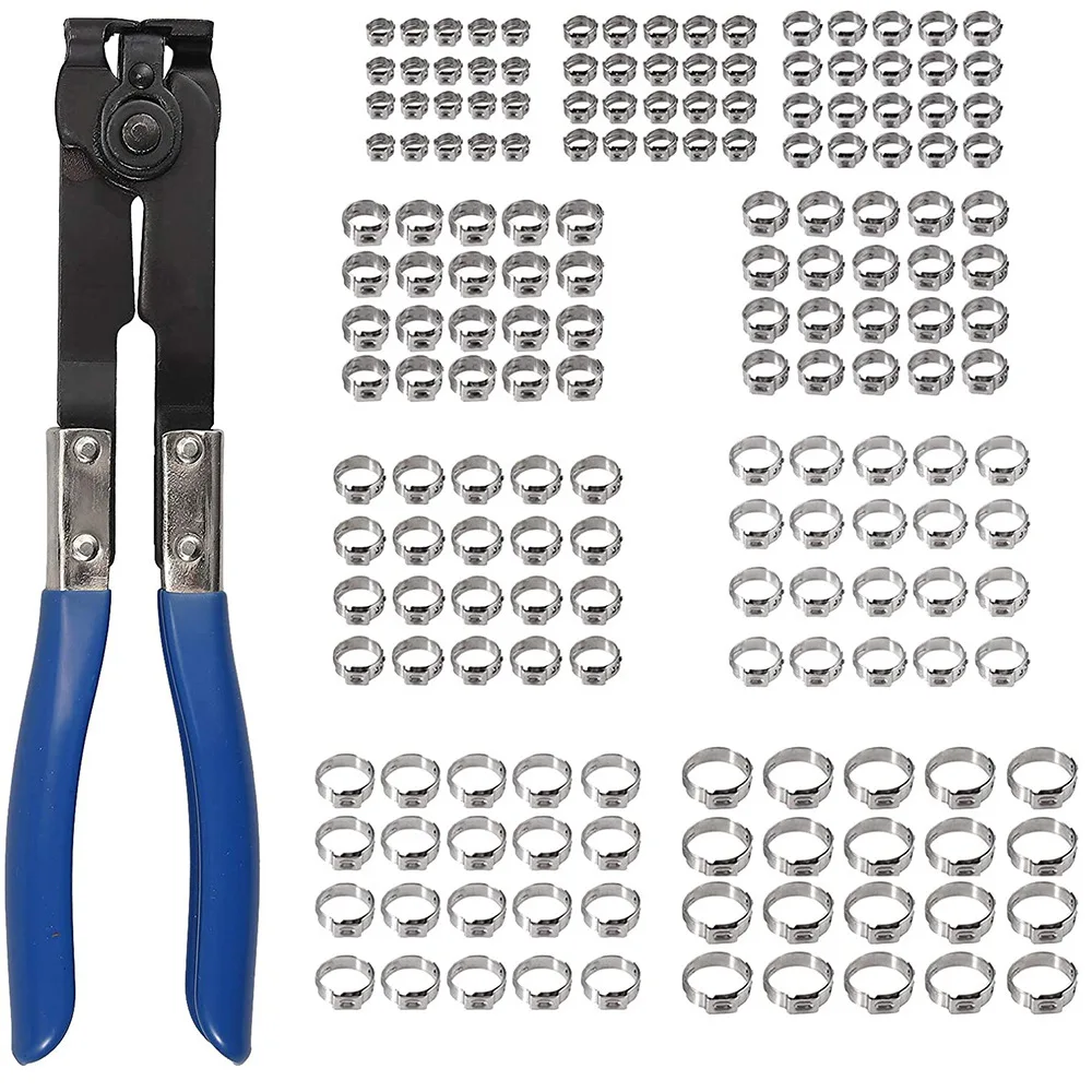 

180PCS 5.8-21Mm Ear Stepless Hose Clamps 304 Stainless Steel Single Hose Crimping With Blue Clamp Pliers Wood Working Tools