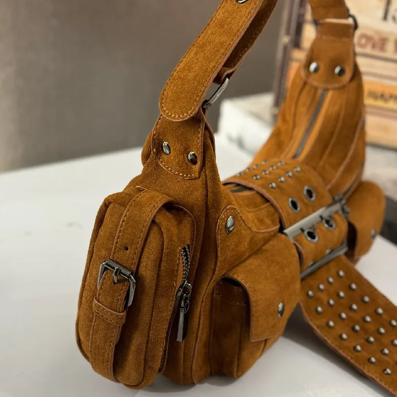 Fashion Retro Women suede Shoulder Bags Cool Punk Rivets Motorcycle Casual Vintage Bag Casual Versatile Crossbody Handbag