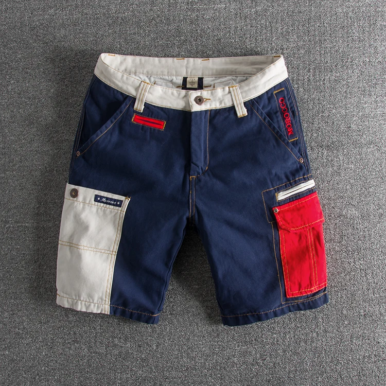 

New Trendy Style Personality Contrast Color Stitching Washed Old Slim Men's Overalls Shorts Multi-pocket Pants Casual Trousers