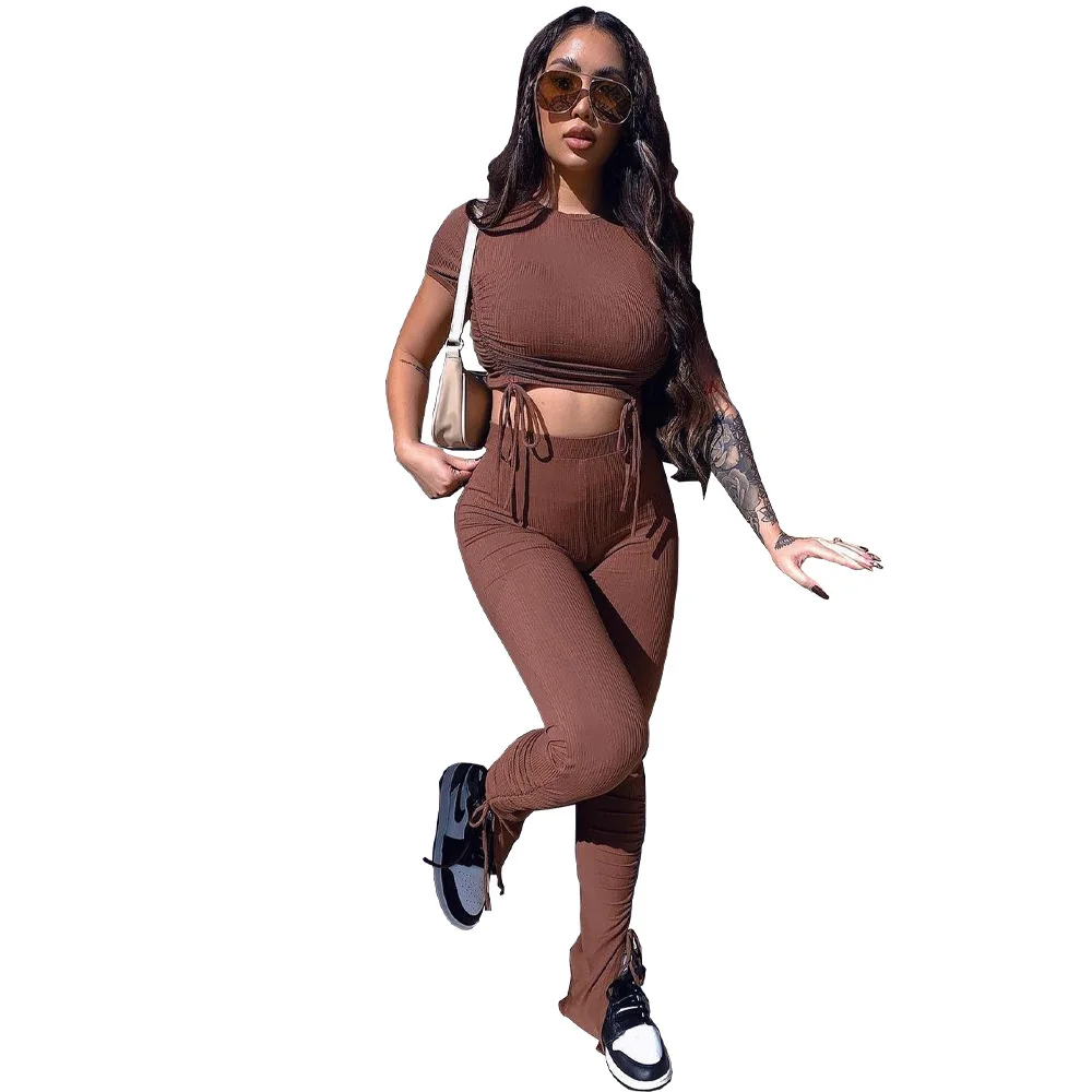 Women Ribbed Yoga Set Short Sleeve Crop Top High Waist Sport Leggings Set Active Wear Gym Suit Workout Clothes For Women