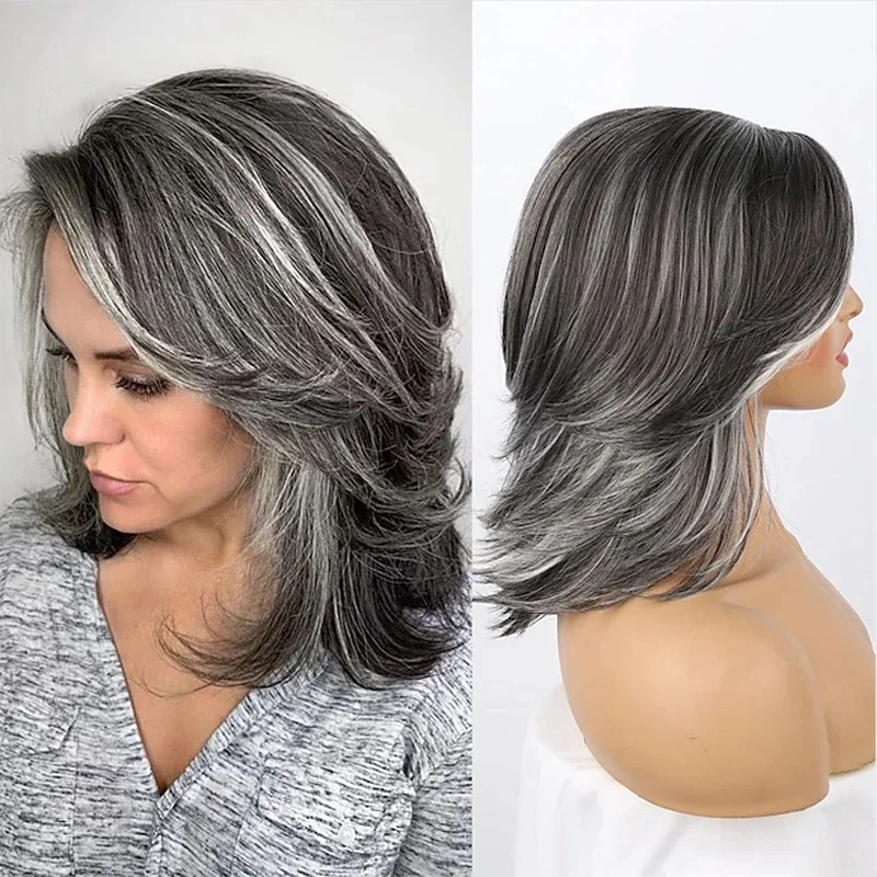 

Dark Gray Ombre Layered Wigs with Bangs for Black Women Synthetic Hair Short Gray Highlight Straight Layered Bob Wig