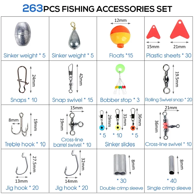 263pcs Outdoor Fishing Accessories Set With Tackle Box Including Plier Jig Hooks Sinker Weight Swivels Snaps Sinker Slides Kit 2