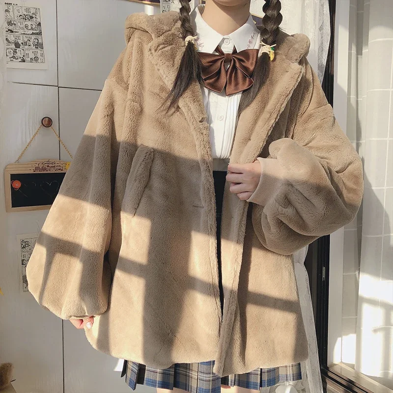 Winter Teddy Jackets Cute Parkas Soft Fluffy Faux Fur Coat Women with Hood Long Sleeve Lovely Harajuku Kawaii Teddy Jacket White