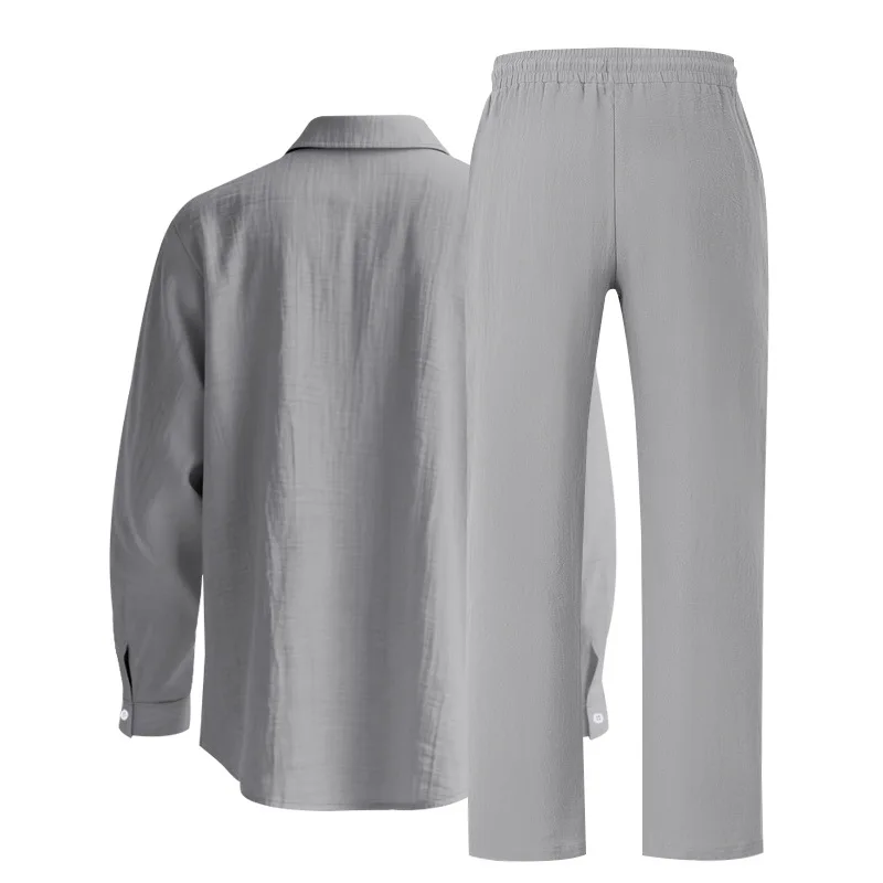 Men's Autumn Loose Trend Linen Solid Color Simple Lapel Long-Sleeved Shirt Beach Trousers Set