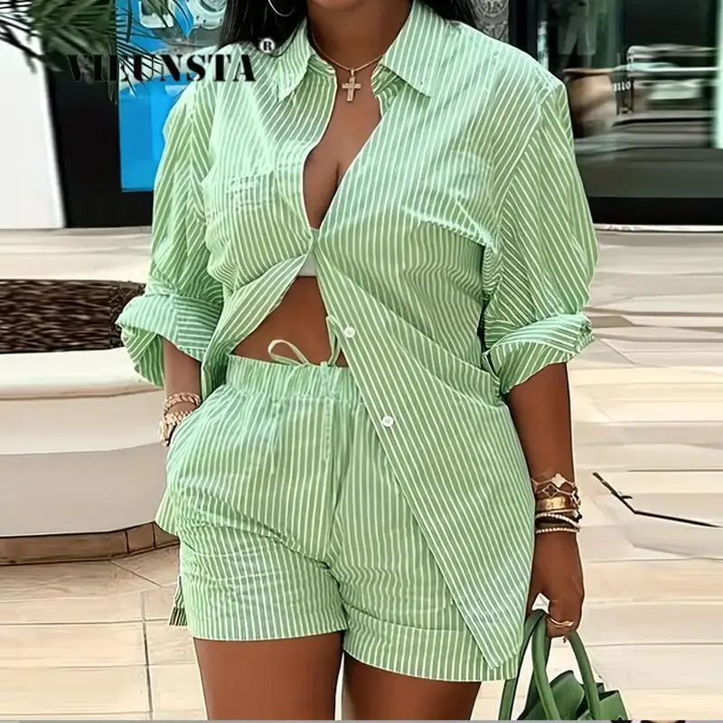 

Women Elegant Button Lapel Shirt + Pocket Shorts Suit Casual Striped Outfit Summer Lady Fashion Long Sleeve Shorts Two Piece Set