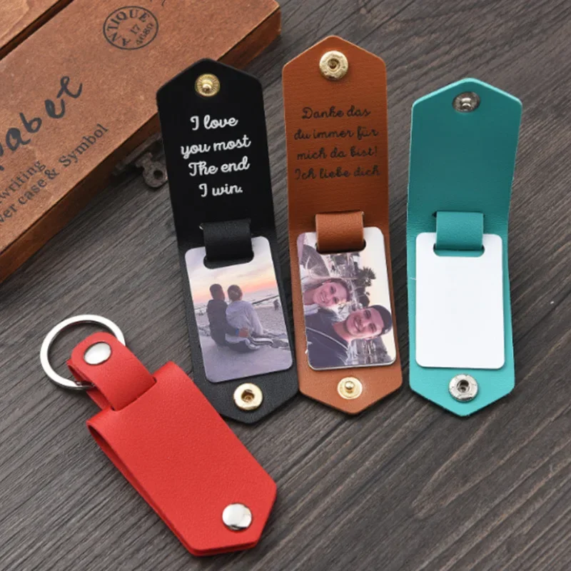 

Hot Selling Stainless Leather Keyring Photo UV Color Printing Custom KeyChain Personalized Text Engraved Date Customized Jewelry