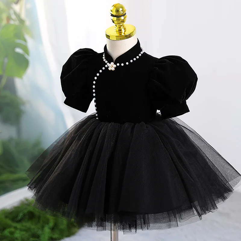 

Flower Girls Black Evening Dress Wedding Party Performance Christmas Clothing Kids Ball Gown Luxury Pearl Tulle Princess Dresses