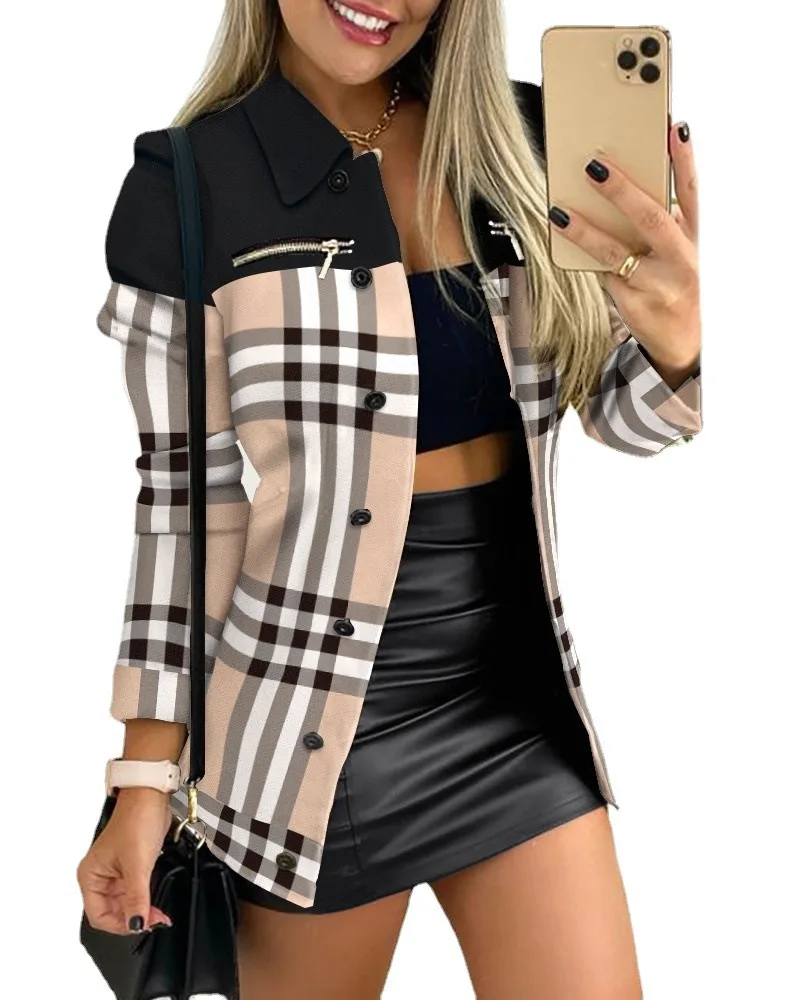 

2023 New Autumn and Winter Temperament Long Sleeve Zipper Elegant Colorblock Printed Polo Collar Small Coat for Women