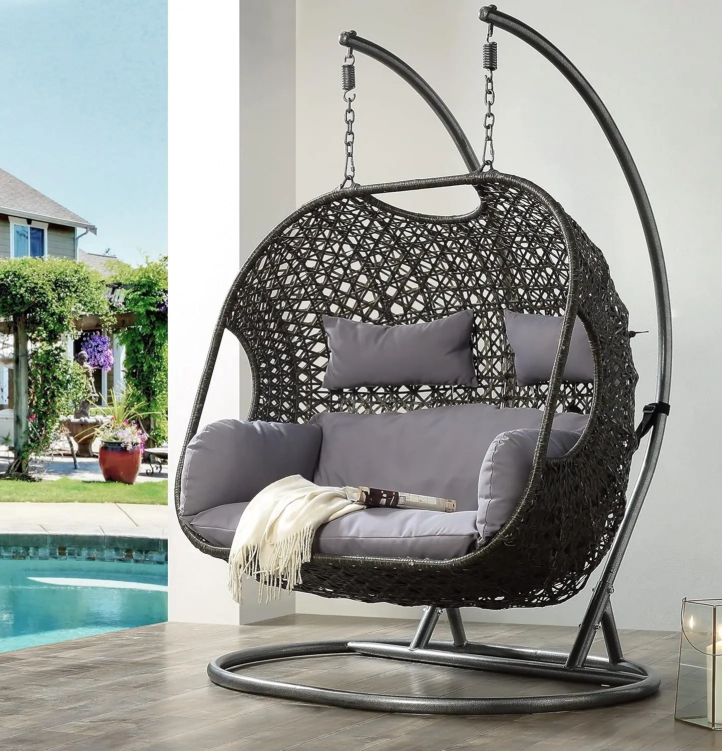 

Double Swing 2 Person Hanging, X-Large Wicker Rattan Egg Chair UV Resistant Cushion with Steel Stand