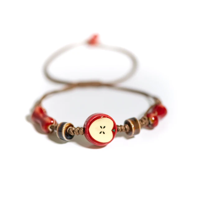 Handmade Apple Ceramic Bracelet Adjustable Woven Cord Cute Cartoon Style Jewelry for Gifts