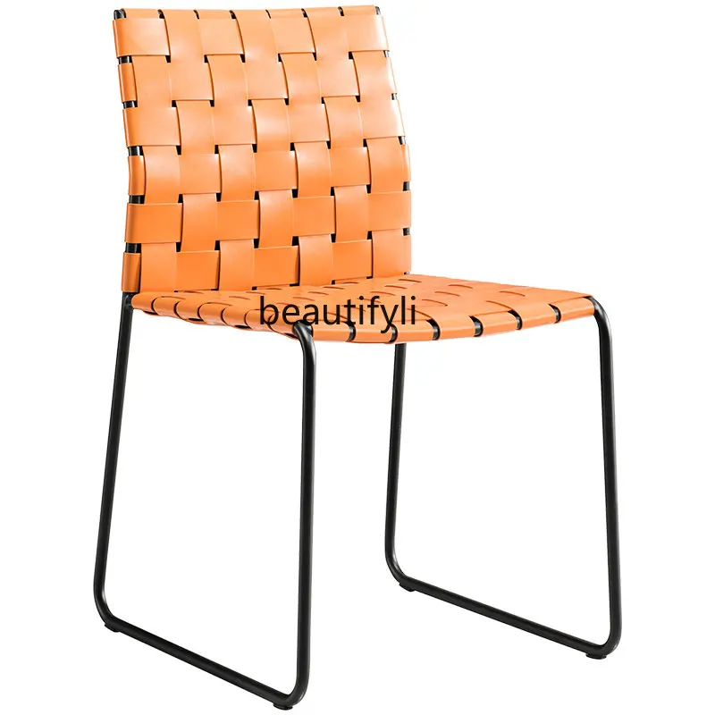 

Italian Minimalist Dining Chair Home Designer Advanced Stainless Steel Saddle Leather Braided Chair