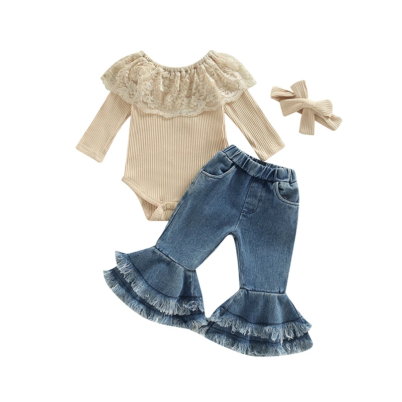 Stylish Baby Girls Denim Lace Romper Pants Set