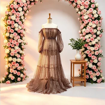 Pregnancy Photography Dress Women Artistic Gown Elegant Pearl Sequin Mesh A Line Skirt with Lining Transparent Maternity Dress