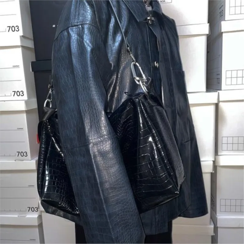 Harajuku Retro Black Unisex Tote Bag Men Faux Crocodile Pattern Large Capacity Leather Shoulder Bags Women Casual Crossbody Bag