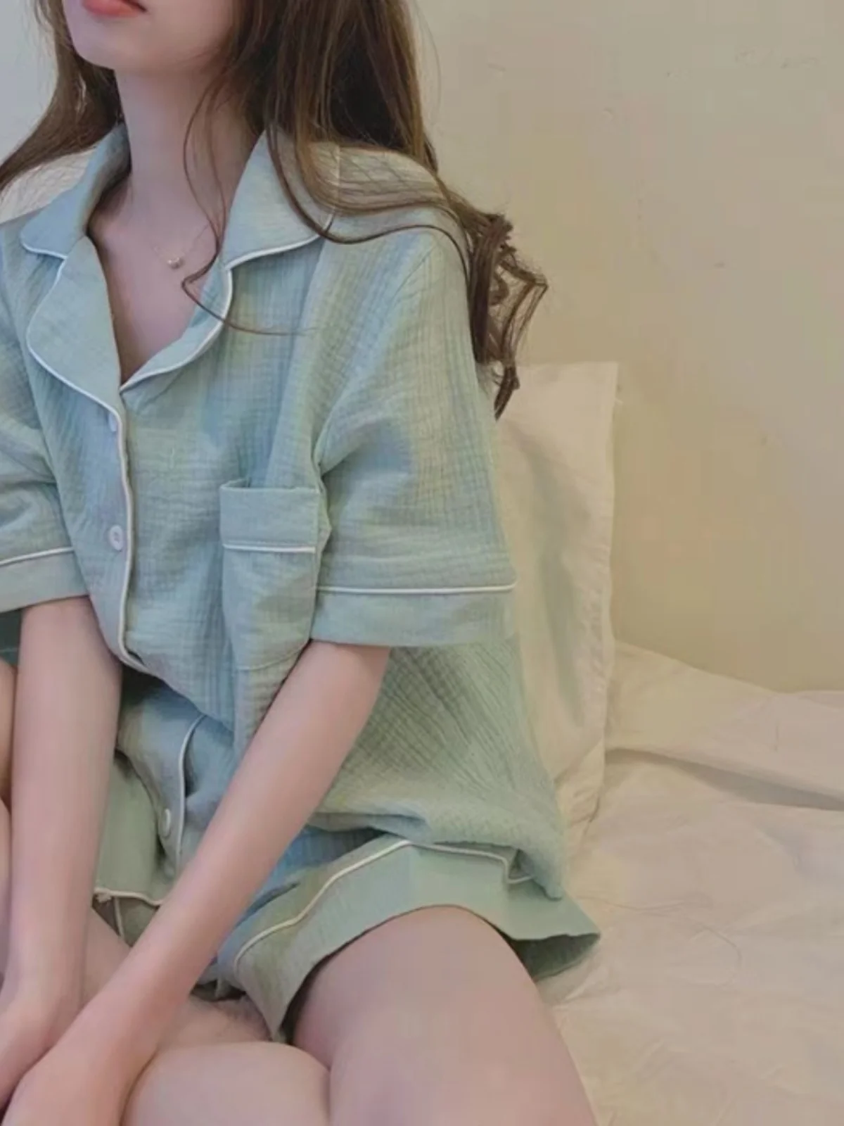 여름 부드러운 면 린넨 잠옷 여성용 반팔 귀여운 투피스 세트 홈웨어 통기성 편안한 수면복