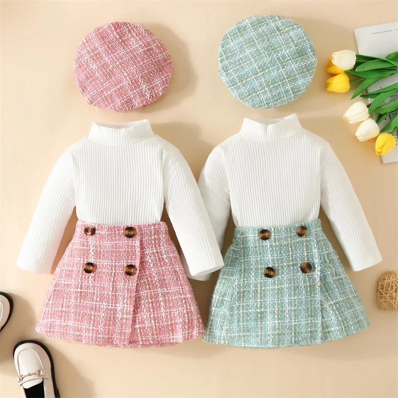 Kids Girl Fall Outfit Solid Color Ribbed Long Sleeve Tops Plaid Pattern Skirt Beret 3 Piece Sets Toddler Clothes 3Pcs