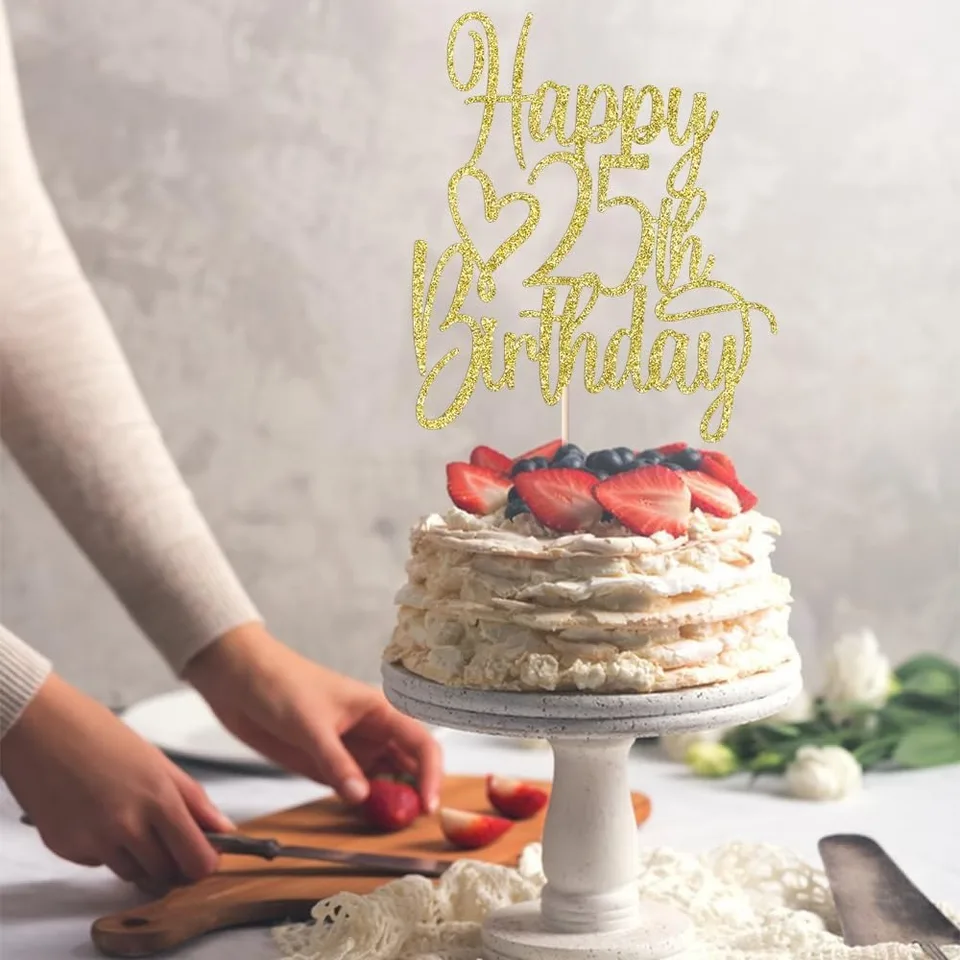 Gold Glitter 25th Birthday Cake Topper Decoration