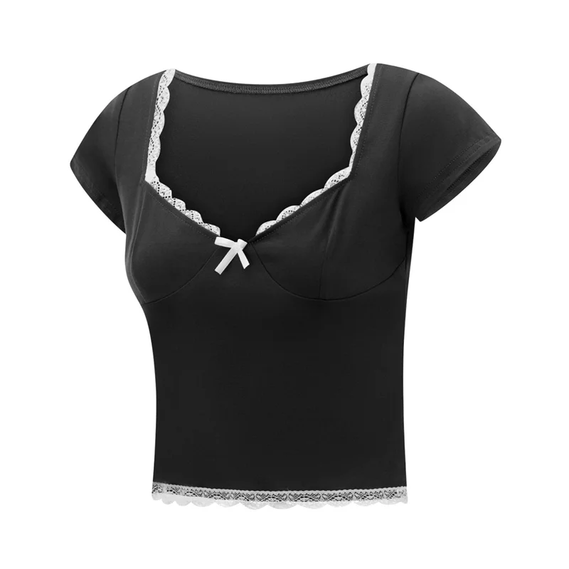 y2k Lace Trim Crop Top Women Sweetheart Neck Short Sleeve T Shirt with Bow Coquette Aesthetic Clothes 2000s Streetwear