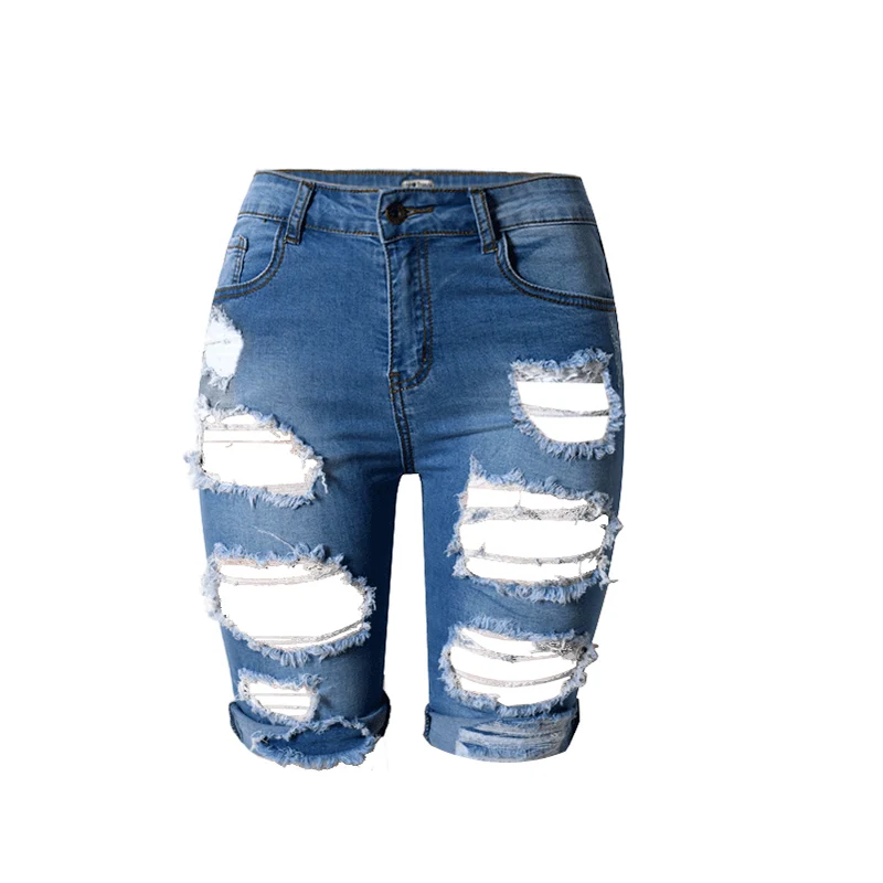 

Knee Length Ripped Jeans for Women Holes Denim Shorts with High Waist Blue Jeans Taille Haute Women Female Jean Femme pants