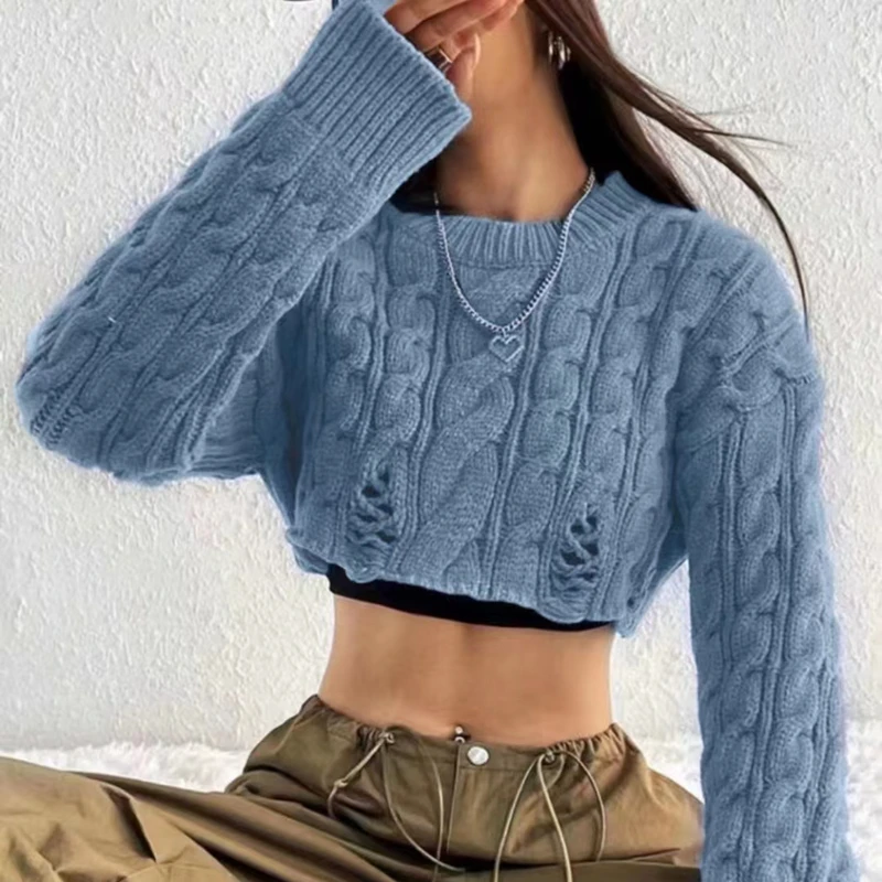 Spring and Autumn New Spice Girl O Neck Solid Color High Waist Navel Long Sleeve Knitwear Short Sweater Fashion Women's Clothing