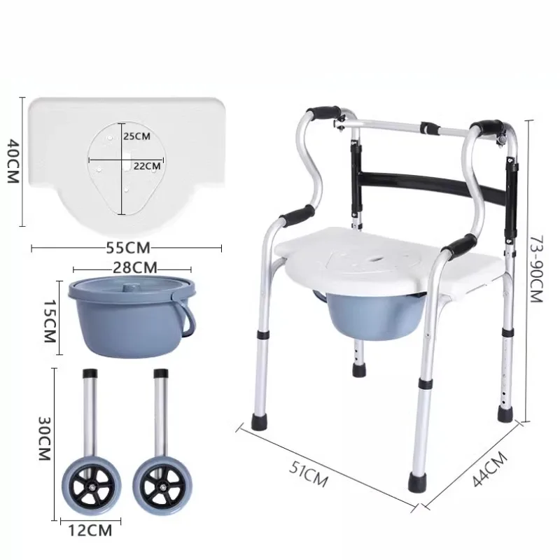 Aluminum Alloy Elderly Shower Chair Commode Chairs, Foldable Walker, Pushcart, Senior Mobility Aid, Rehabilitation Walking Frame