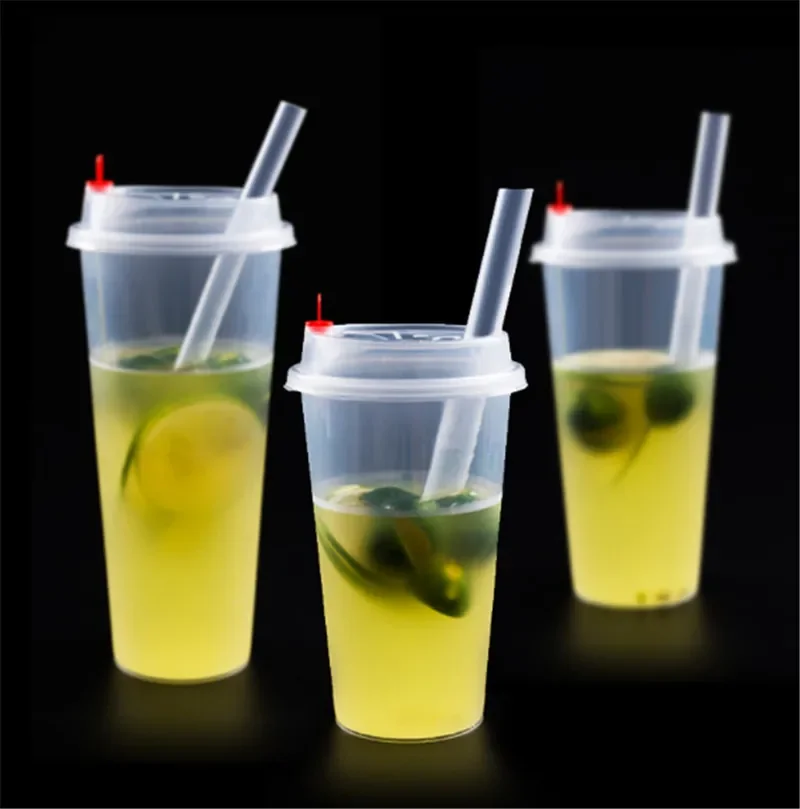 Disposable Transparent Plastic Cup Cold Drink Travel Mug Coffee Juice Tea Cup With Straw Smoothie PVC Juice with Lid 100 pcs plastic cups disposable paper cups