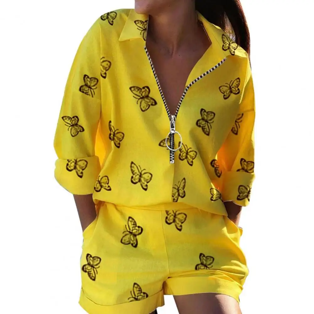 

Stylish Ladies Shirt Shorts Suit Soft Turndown Collar Two Piece Adults Shirt Shorts Suit Daily Wear