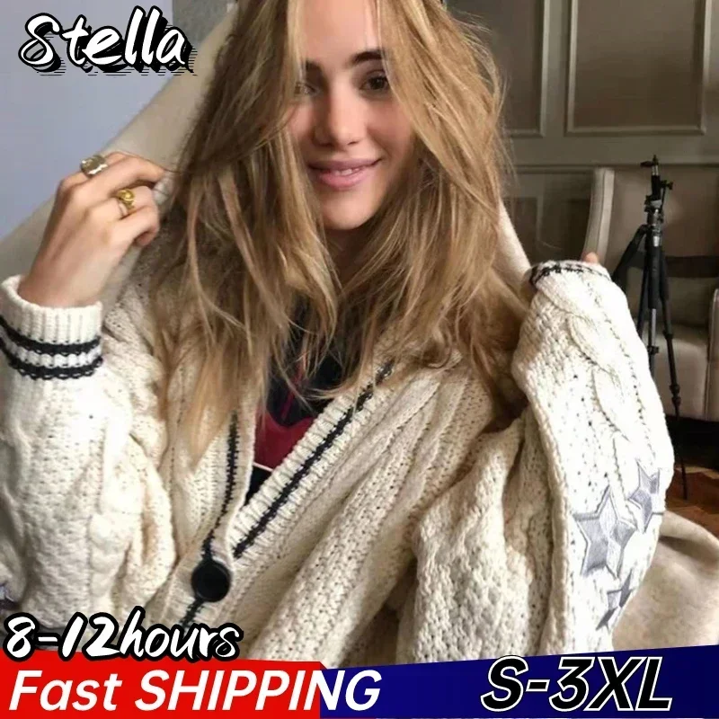 

Women Star Embroidered Folk Beige Swif Cardigan Tay Knitted Lor Cardigans Autumn Long Cardigan Women Holiday Knitted Sweaters