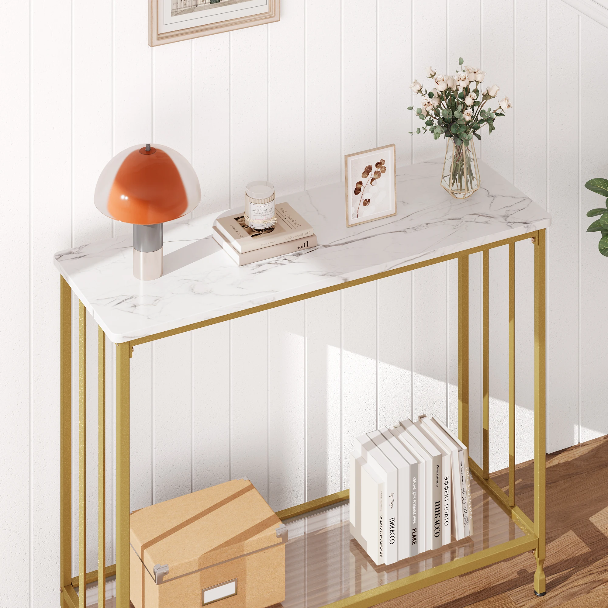 Console Table,Sofa Tables Narrow Entryway Table with Glass Shelf and Metal Frame,Industrial Hallway Table for Living Room