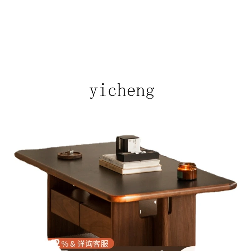 

XL Black Walnut Wooden Tea Table Living Room Solid Wood Stone Plate Coffee Table Storage Small Tea Table