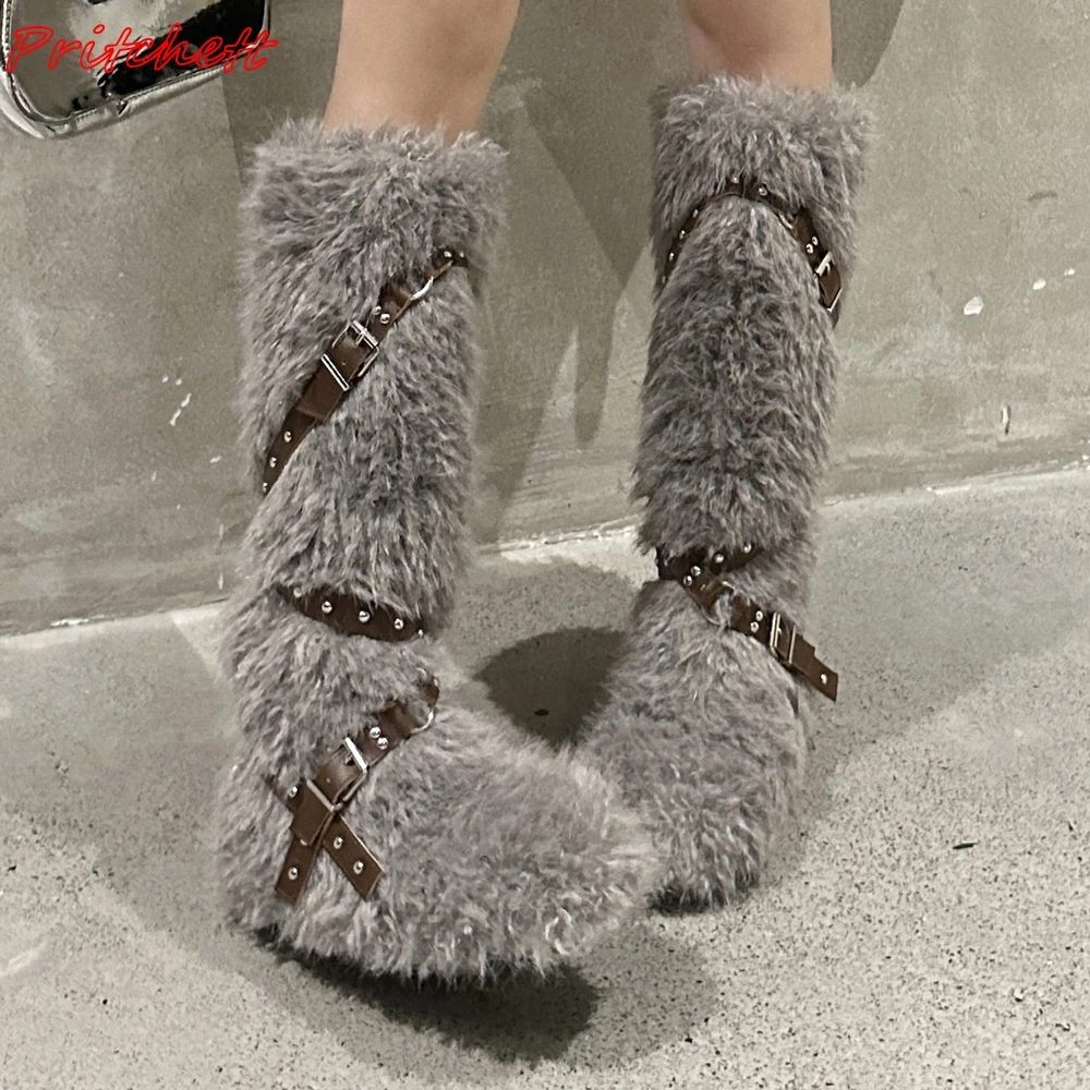 Fur Cross Tied Knee High Boots Women Round Toe Metal Decoration Slip On Flats Boots Winter Hot Sale Spice Girl Fashion Boots