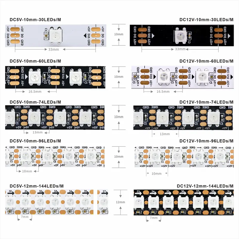 WS2812B  Led Strip 5v  30/60/74/96/144 Leds Smart RGB Pixel Strip Black/White PCB IP30/65/67 WS2811 IC Led Light 1m/2m/3m/4m/5m - Image 2