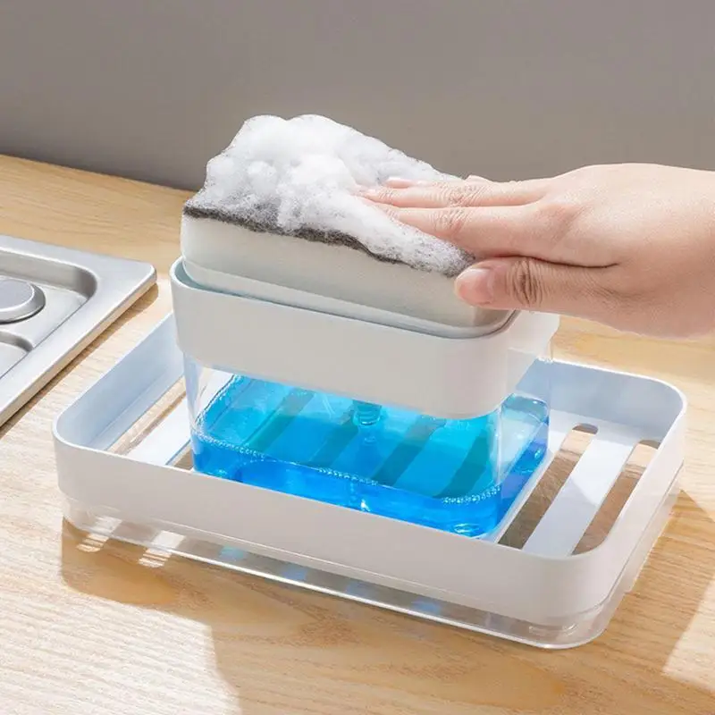 

Soap Dispenser Box Liquid Soap Storage With Sponge & Drain Board Press Pump Kitchen Detergent Box Dishwashing Cleaner Container