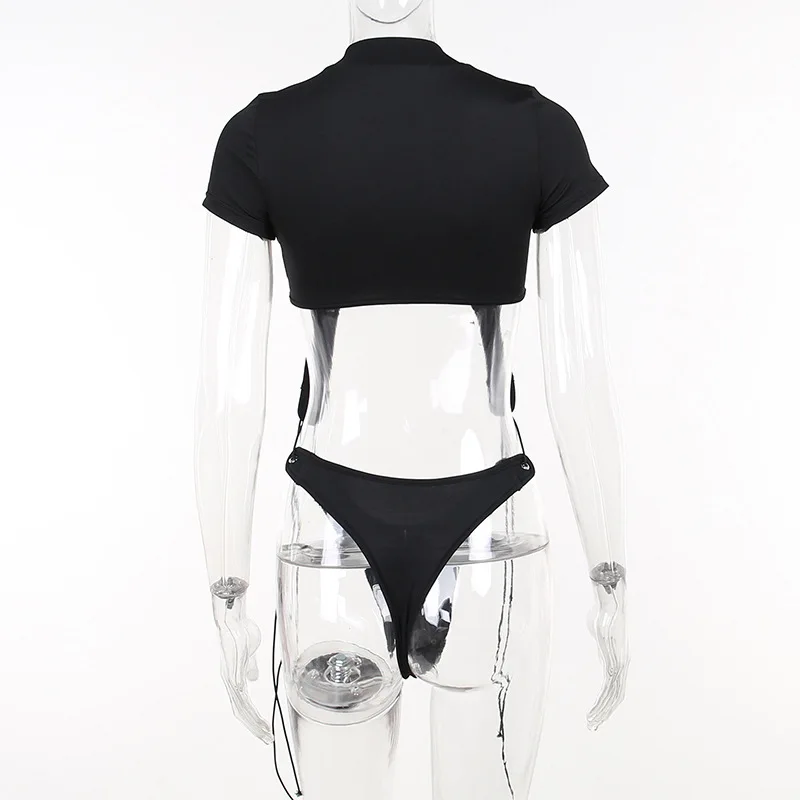 Body de manga corta con cuello alto para mujer, estilo Y2K, de una pieza con aberturas, con cordones, lencería sexy.